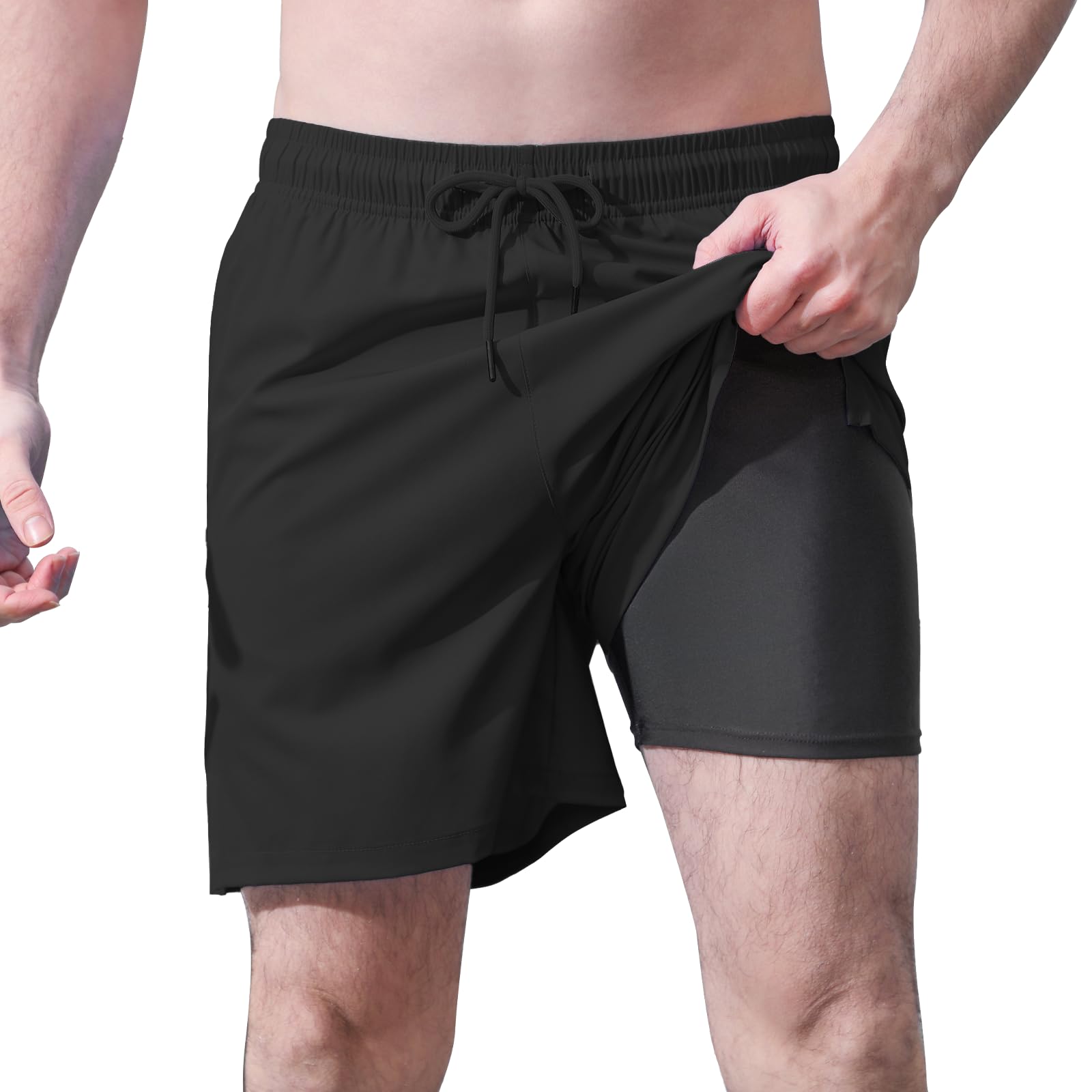 Cagola Mens 5/7" Ineseam Swim Trunks with Compression Liner 2 in 1 Bathing Suit Swimwear with Zip Pockets UPF50+ Board Shorts