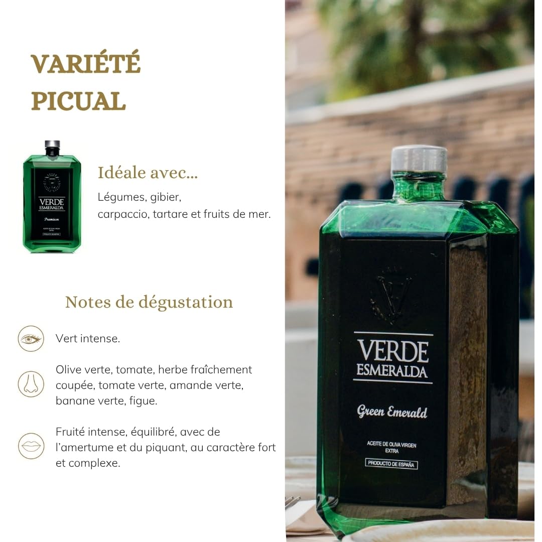 Verde Esmeralda - Huile d'Olive Vierge Extra Picual 500ml | Huile d'Olive Espagnole Premium Pressée à Froid | Profil Fruité aux Herbes et Artichaut