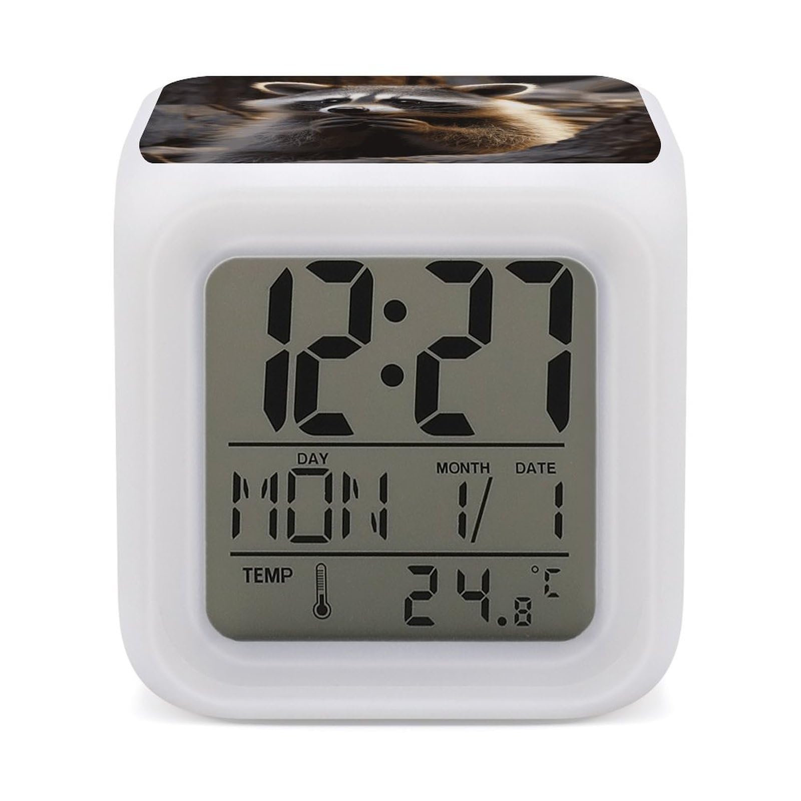 JTREHY 7 Color Changing LED Digital Alarm Clock,Cute Raccoon Printed Wake-up Clock with Temperature Display Home Decoration Alarm Clock for Bedroom Office