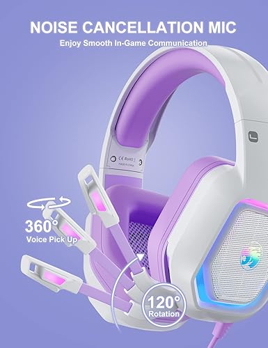 Miniatura 3 de ZIUMIER Z30 - Auriculares para juegos morados para PS4, PS5, Xbox One, PC, auriculares con cable con micrófono de cancelación de ruido, luz LED RGB,