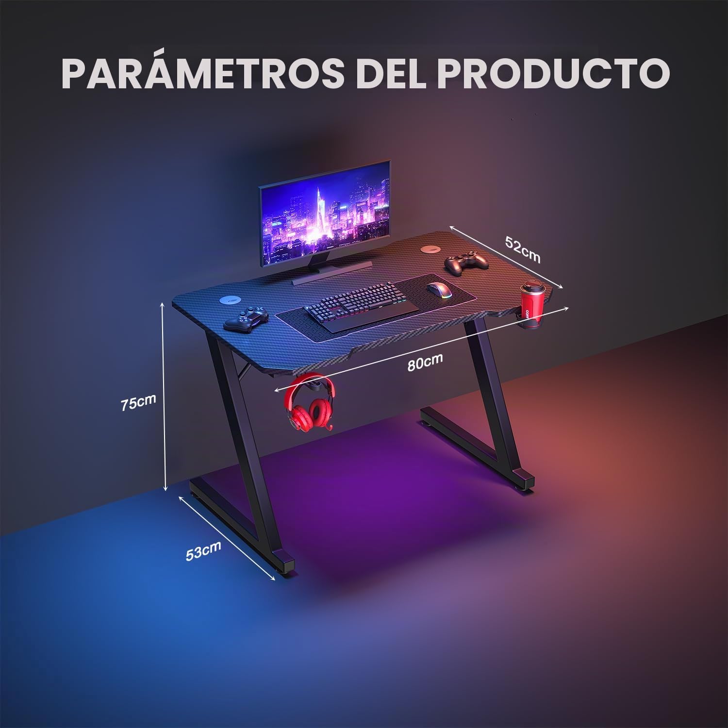JUMMICO Escritorio Gaming 80x50cm, Fibra de Carbono con Portavasos y Soporte para Auriculares, Estructura Metálica Negra