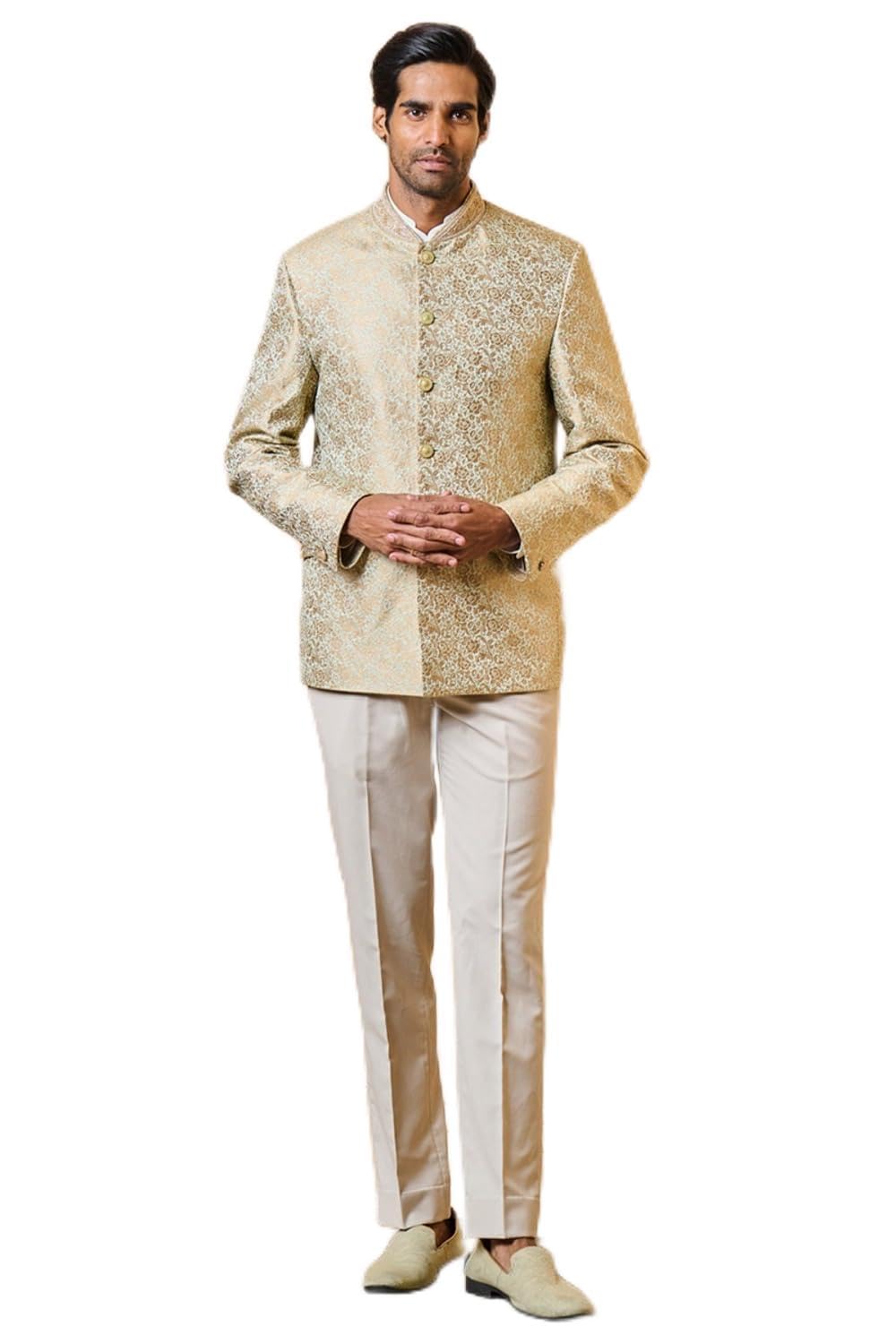 tasva Light Green Jacquard Bandhgala With Collar Detailing For Men-picture-13