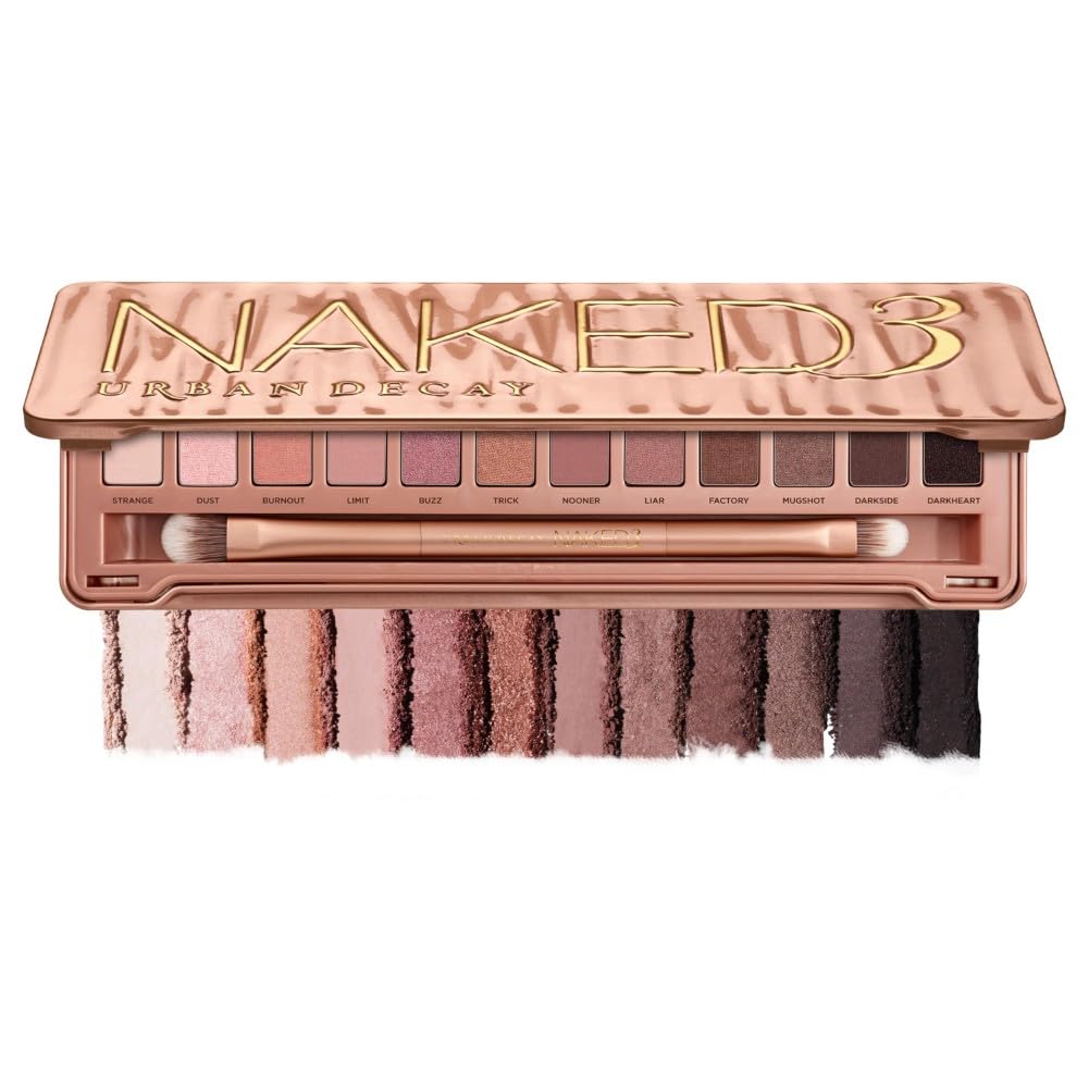 Urban Decay Naked 3 Eyeshadow Palette, 12 Rose-Hued Neutral Shades, Matte Pearl and Metallic Finishes, Velvety Pigmented Formula, Includes Double-Ended Brush, Natural Eye Looks for All Skin Tones