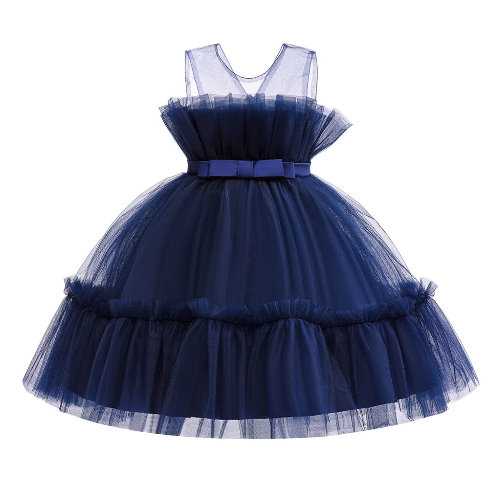 Flutter Sleeve Baby Girl Baptism Christening Ball Gown Dresses Toddler Wedding Bridesmaid Christmas Lace Tutu Formal Dress 7T 8T Navy Blue 140