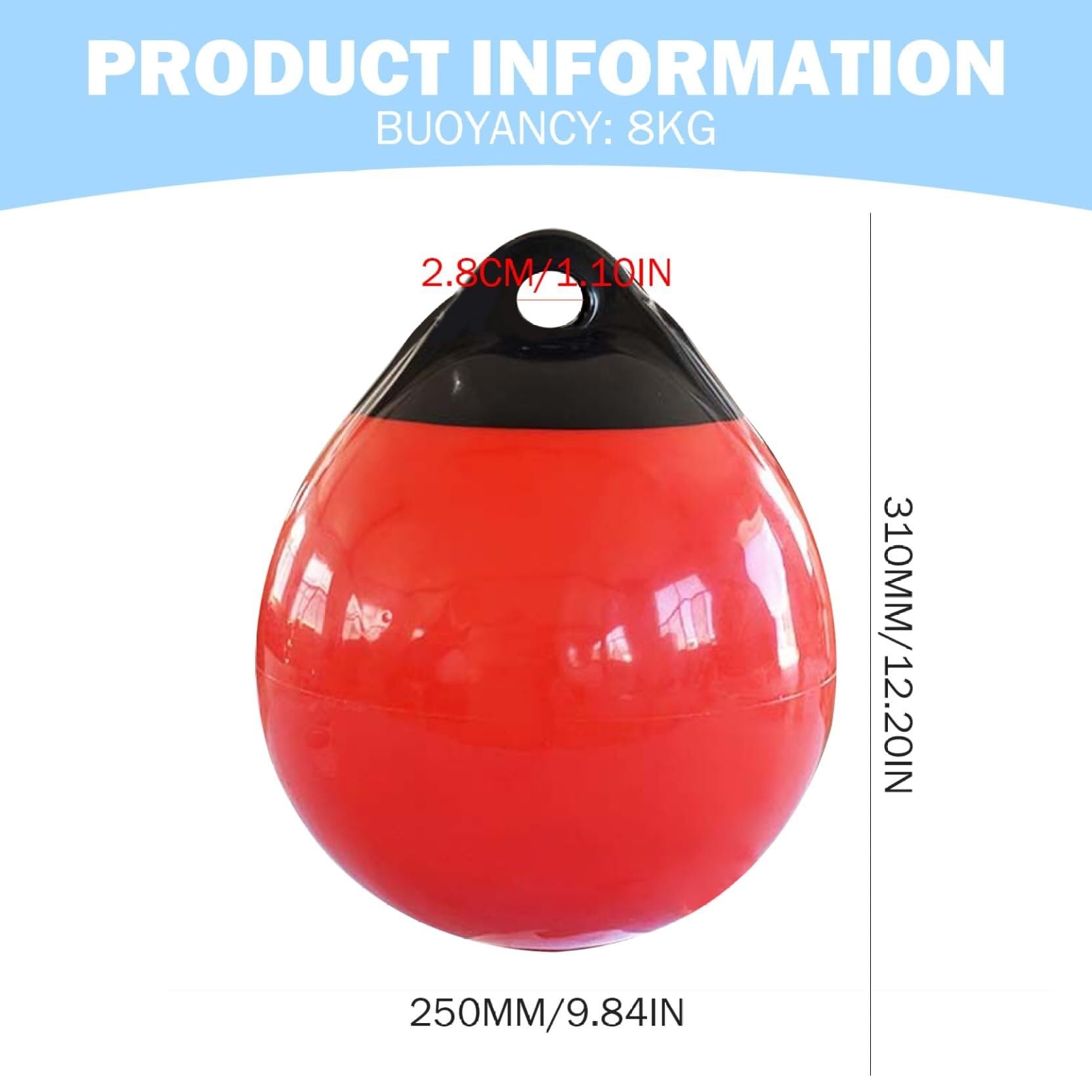 Boa di galleggiamento 8kg in PVC, 9,8x11,8 Pollici, parabordo per ormeggio | Boa di ormeggio rossa in PVC, galleggiabilità 8kg, 25x30cm, apertura 2,8cm. Facile gonfiaggio e sgonfiaggio.