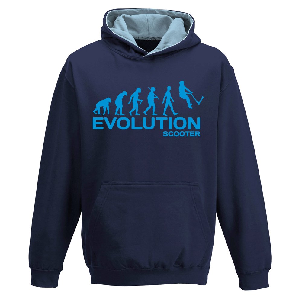 Davesdisco Boys Navy Blue Evolution Of Push, Kick, Stunt Scooter, Two-Tone Hoody, Extreme Sports, Childrens Kids Girls Hoodie, - Sky Blue, 5-6