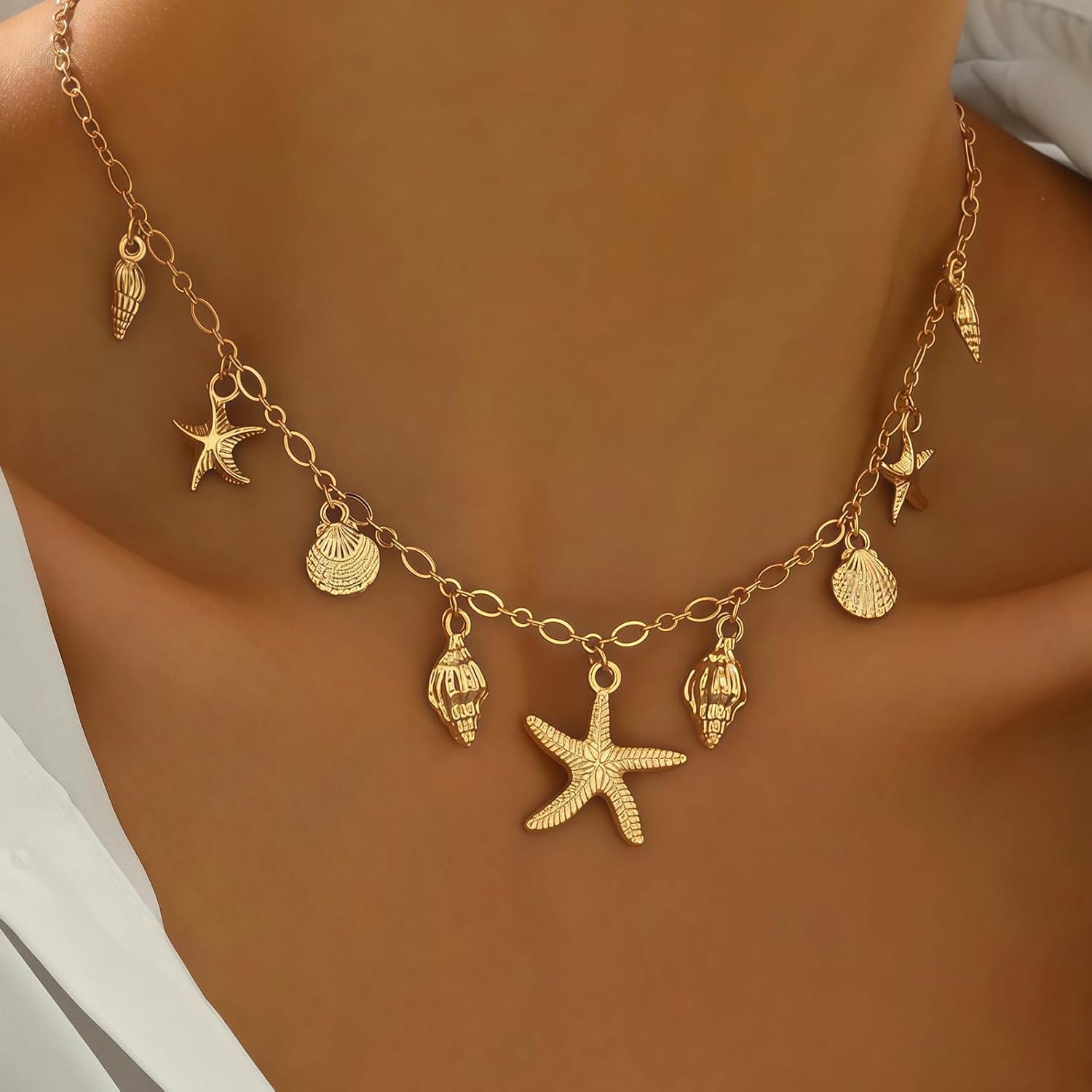 Shell Starfish Necklace for Women, 14k Gold Plated Boho Layered Beaded Charm Pendant Necklace, Dainty Adjustable Pearl Conch Summer Beach Vacation Jewelry Gifts - Image 4