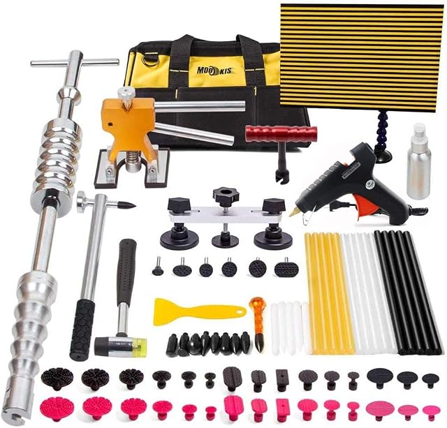 Mookis Car Dent Repair kit,Car Dent Puller 77PCS Car Dent Remover Tools with Slider Hammer Lifter Dent Lifter, Bridge Puller Set, LED Line Board, Glue Stricks, Pro Pulling Tabs Kit (77PCS)