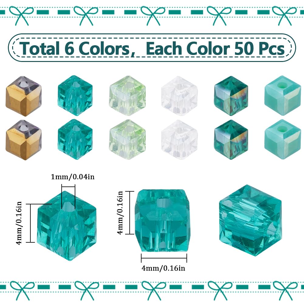SUNNYCLUE 1 Box 300Pcs 6 Colors 4mm Glass Cube Beads Crystal Cube Beads Green Square Transparent AB Color Plated Faceted Loose Spacer Hole Bead Bulk for Jewellery Making Bracelet Necklace DIY Crafts - Image 2