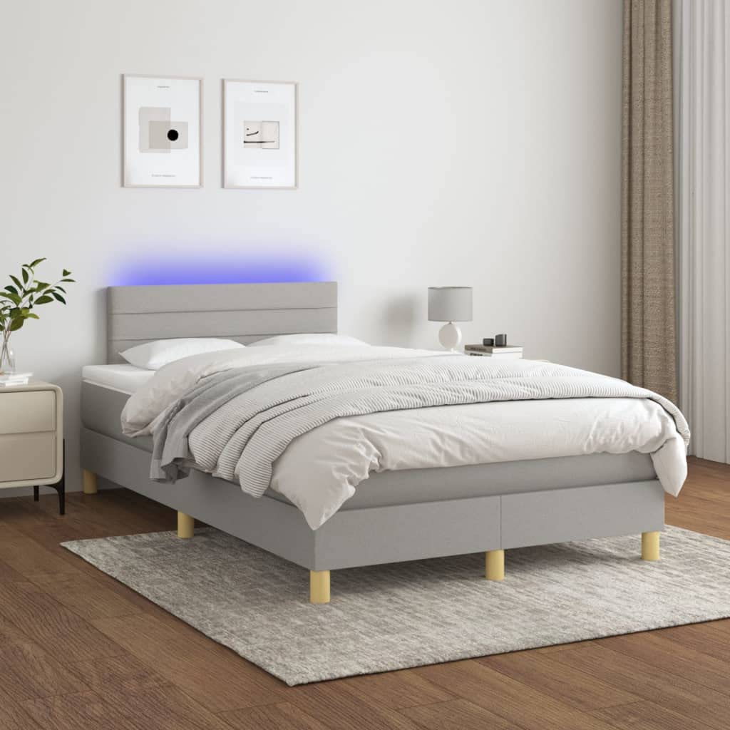 Tkanina z regulowanym zagłówkiem LED 120x200 cm Szary | Łóżko kontynentalne z materacem 120x200 jasnoszare z LED i zagłówkiem, tkanina poliester, sprężyny kieszeniowe
