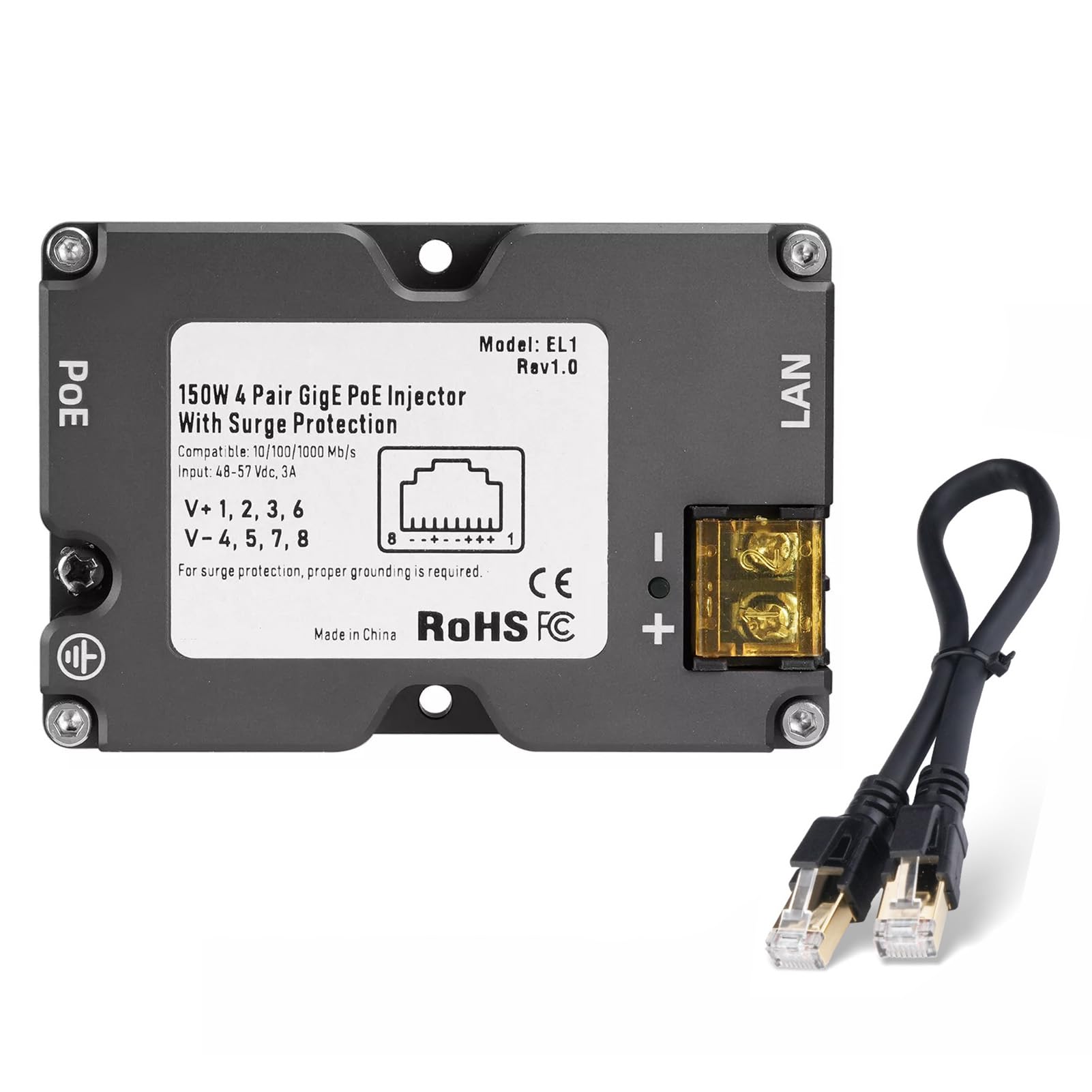 Mavaol 150W Power Over Ethernet Injector with Cat8 Cable, High Speed Passive POE Injector for High Speed Data Transmission in Home and Office