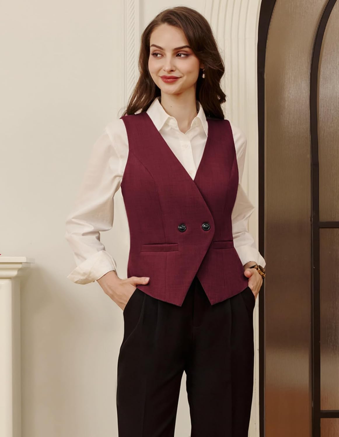 Belle Poque Sleeveless Vest Tops for Women 2026 Dressy Lightweight V Neck Button Suit Waistcoat Vests with Pockets - Image 3