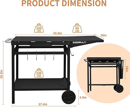 Vista 15 de PIZZELLO Carrito de mesa para parrilla al aire libre de 35 x 22 pulgadas, soporte para horno de pizza plegable de doble estante, carrito