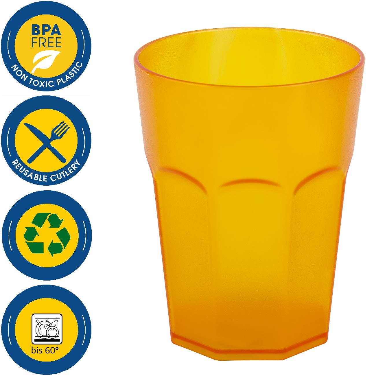20 x Plastikbecher, Trinkbecher, Orange, Cocktailbecher, 250 ml, mit Eichstrich, stapelbar, Mehrweg, Kunststoff, Frostoptik, wiederverwendbar, Party-Becher, Trink-Glas