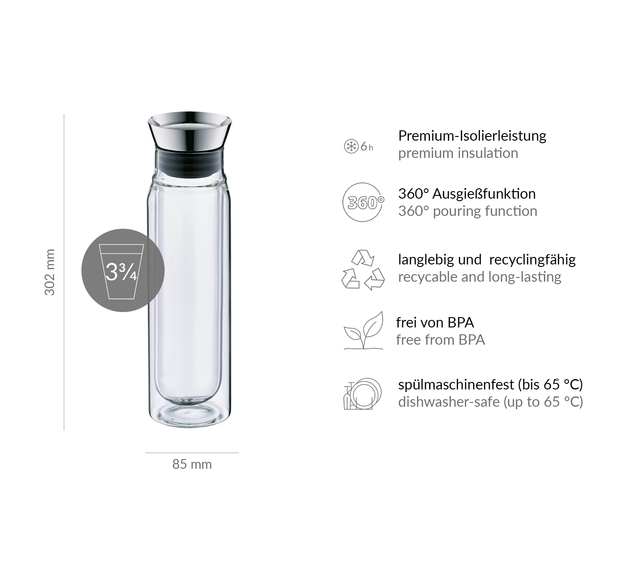 Alfi FLOWMOTION 0,75l, de Vidrio de borosilicato de Doble Pared, vertido automático, criba integrada, Tapa Desmontable, Apta para lavavajillas, Jarra de Vidrio isotérmica
