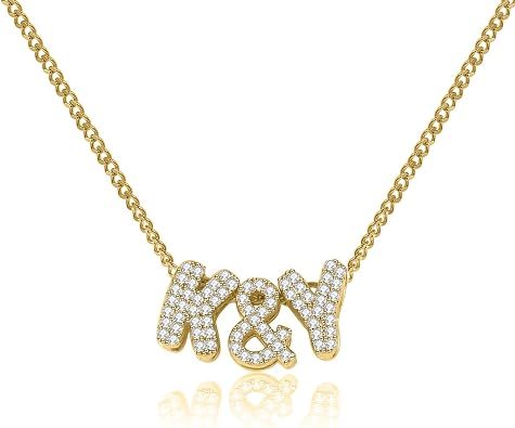 3D Bubble Name Necklace Gold Diamond Name Pendant Balloon Letter Necklace Initial Puff Pendant Name Initial Necklace Valentines Day Gift For Her Two Diamond Letters Heart Necklace