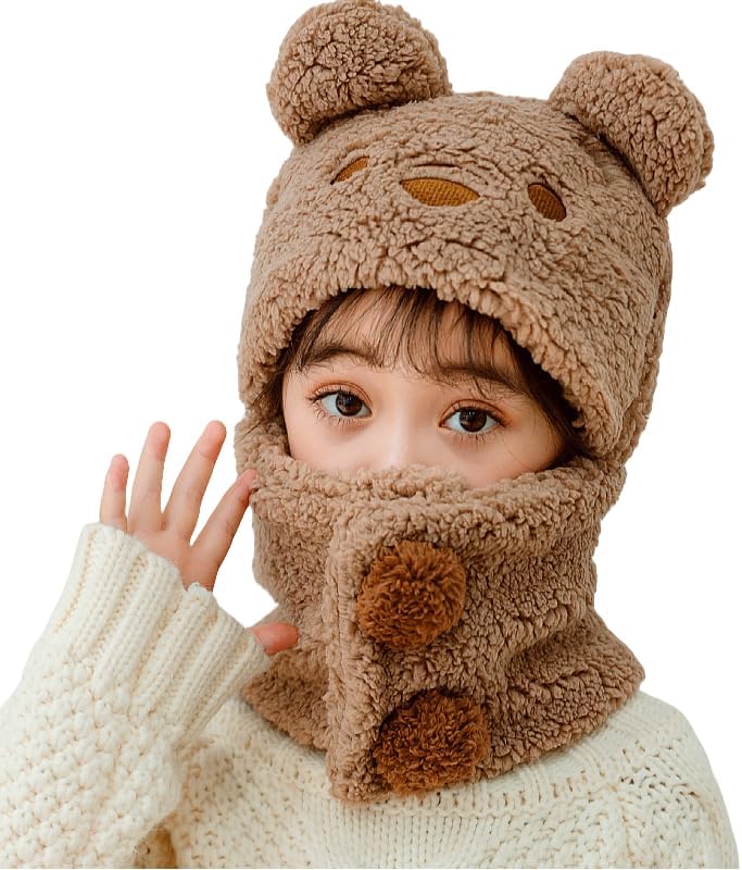 Kids Winter Trapper Hats Cold Weather Ski Snow Cap Cute Bear Neck Warm Scarf Earflaps Beanie Hats for Boys Girls 6-9 Years