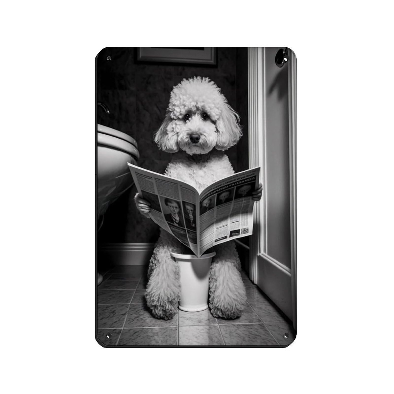 Poodle Sitting on The Toilet Reading A Newspaper Retro Poster Metal Tin Sign Chic Art Retro Iron Painting Bar People Cave Cafe Family Garage Poster Wall Decoration 8x12inch(20x30cm)