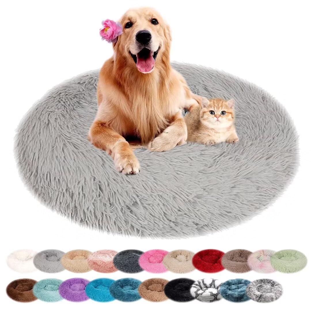 nvdsivee Dog Bed Plush Round Cat Bed for Indoor Cats Puppy Bed Washable Calming Dog Beds Cushion for Small Medium Large Dogs Dog Mattress with Anti-slip Bottom Light Gray 110cm