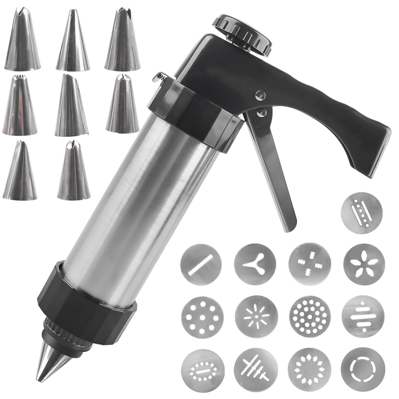 Pastry Press for Biscuits, Extruded Biscuit Machine with 13 Stencils and 8 Nozzles, Stainless Steel Biscuit Press, Decorating Syringe for DIY Cookies Baking, Churros Baking and Cake Decoration