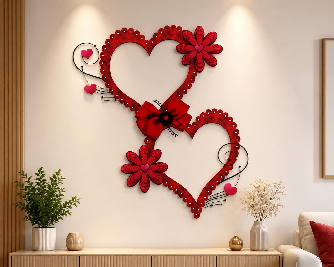 3D Romantic Double Heart Wall Sticker with Floral Design, Red, 60.96 x 45.72 cm, Home Décor-image-20