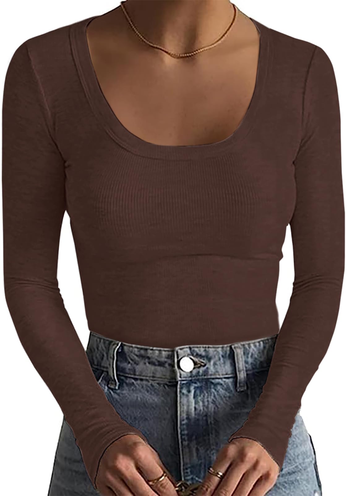 Basicspace Damen Gerippte Tops Schlank Hautfreundlich Basic T Shirt Einfarbig Tops Sexy Dehnbar Lässig Tief U Hals T Shirt Modisch Vielseitig Langarm Shirt