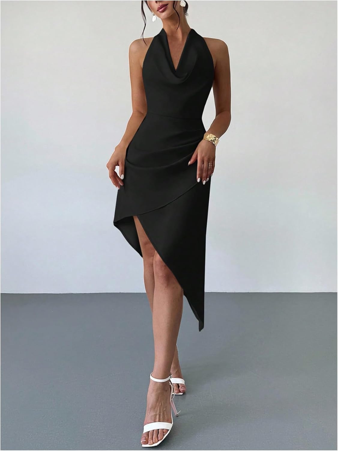 SOLY HUX Women's Halter Wedding Guest Dress Draped Cowl Neck Backless Wrap Asymmetrical Party Midi Dresses - Image 3