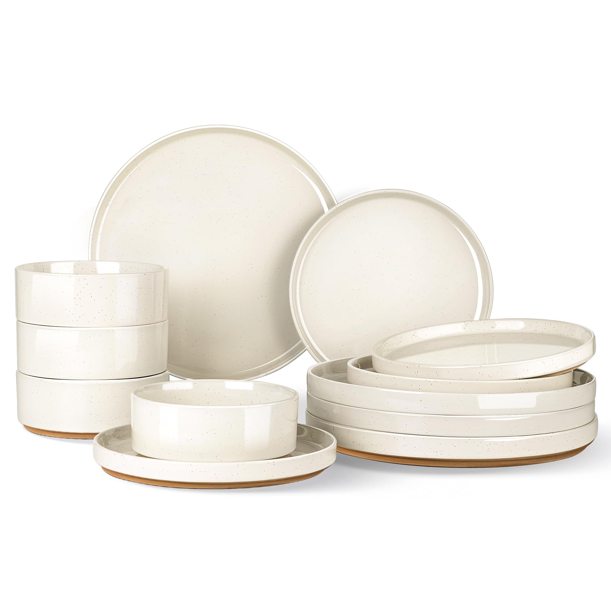 AmorArc Ceramic Dinnerware Set for 4 | Speckled Stoneware Plates and Bowls with unglazed terracotta | Scratch Resistant, Dishwasher & Microwave Safe Dishes Sets- 12-Pcs Beige