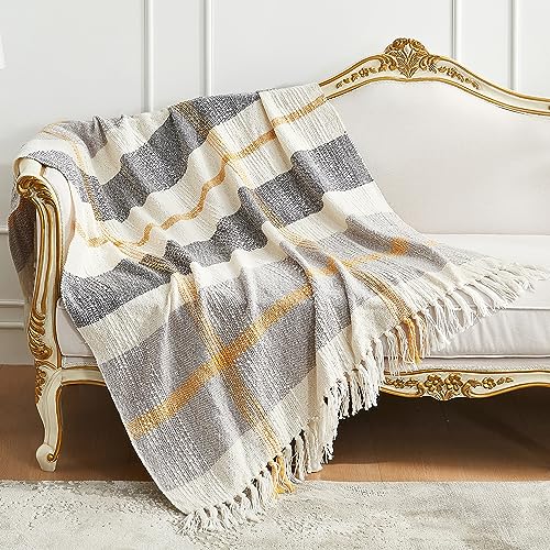 Amélie Home Checkered Texture Woven Throw Blanket, Buffalo Plaid Decorative Colorful Throws With Tassels, Soft Cozy Lightweight Blanket For Couch Chair Sofa Bed Outdoor In Spring Summer, 50X60 #TOP14