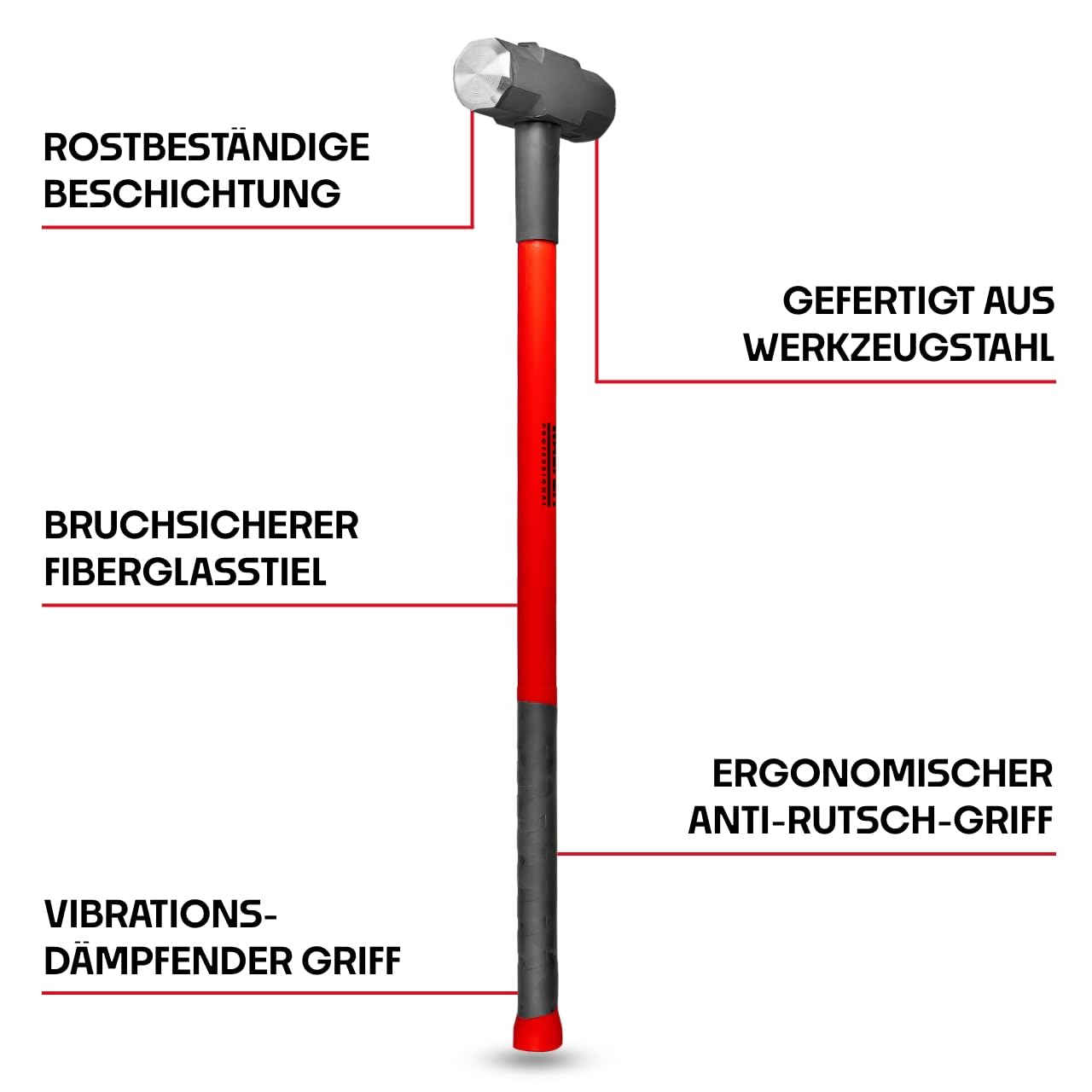 WALTER PROFESSIONAL Vorschlaghammer 4,5 kg 90 cm, Abbruchhammer, Sledge Hammer, vibrationsdämpfender Fiberglas-Griff für bequeme Handhabung und präzise Steuerung, robust und langlebig