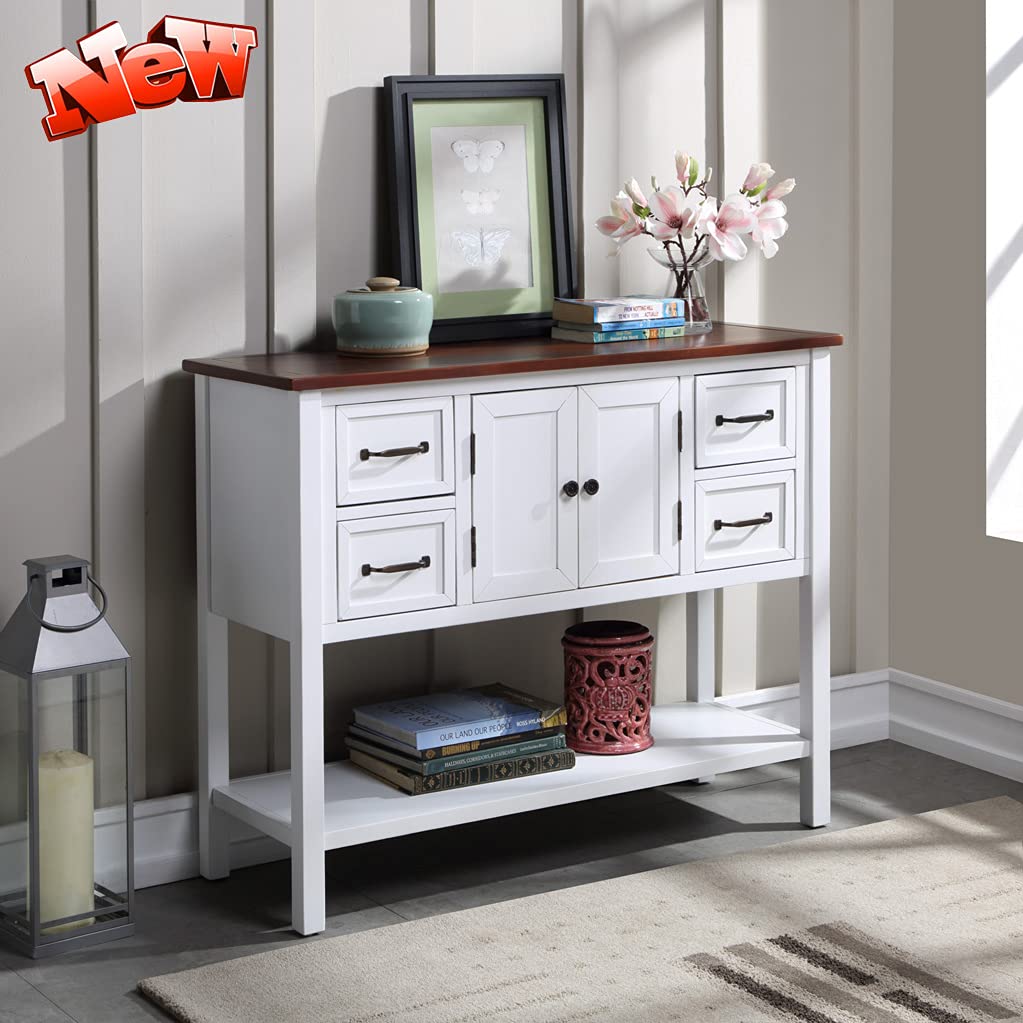 DANGRUUT Elegant Farmhouse Thicken Solid Wood Buffet Sideboard with Door Cabinet, Storage Drawers, Bottom Shelf, 43'' Rustic Accent Console Table Buffet Serving Cabinet for Entryway/Kitchen (Brown)