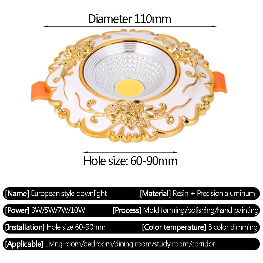 Downlight LED empotrable de Estilo Europeo, luminaria de Techo Regulable con Foco de adaptación Tipo Ojo de Buey de 3 CCT, Fuente de luz Ajustable, embellecedor Deflector de r,3W