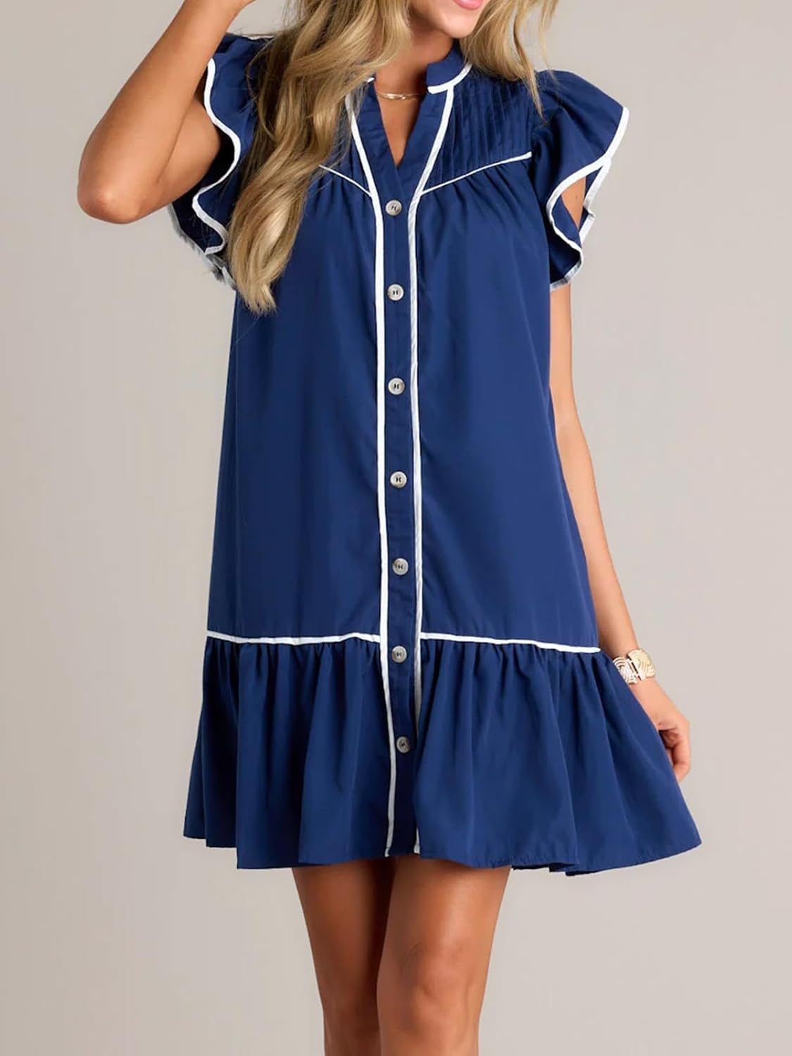 HOULENGS Women's Summer Ruffle Cap Sleeve Flowy Short Dresses Button Down V Neck A Line Babydoll Mini Dress with Pockets - Image 6