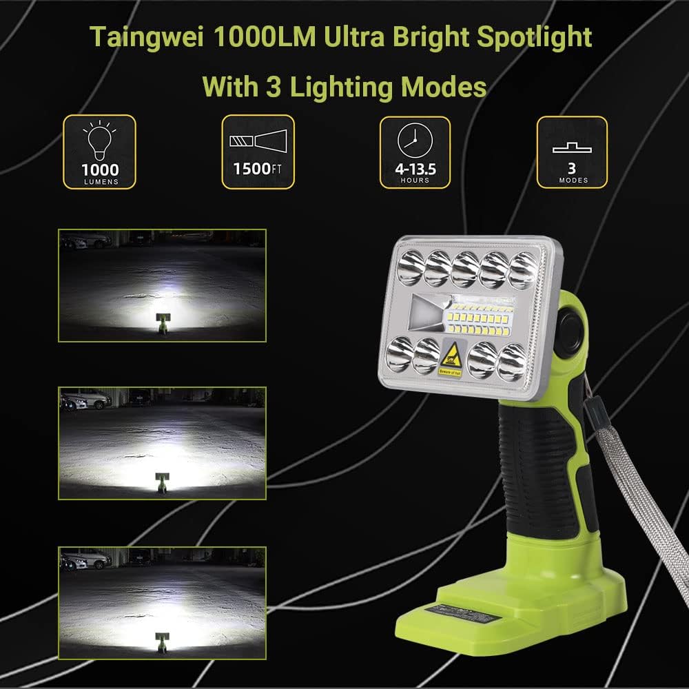 Portable Led Work Light for Ryobi 18v Battery, 9w 1000lm Battery Powered Lights Powered by Ryobi Battery, Rechargeable Led Flood Light Tools for Men