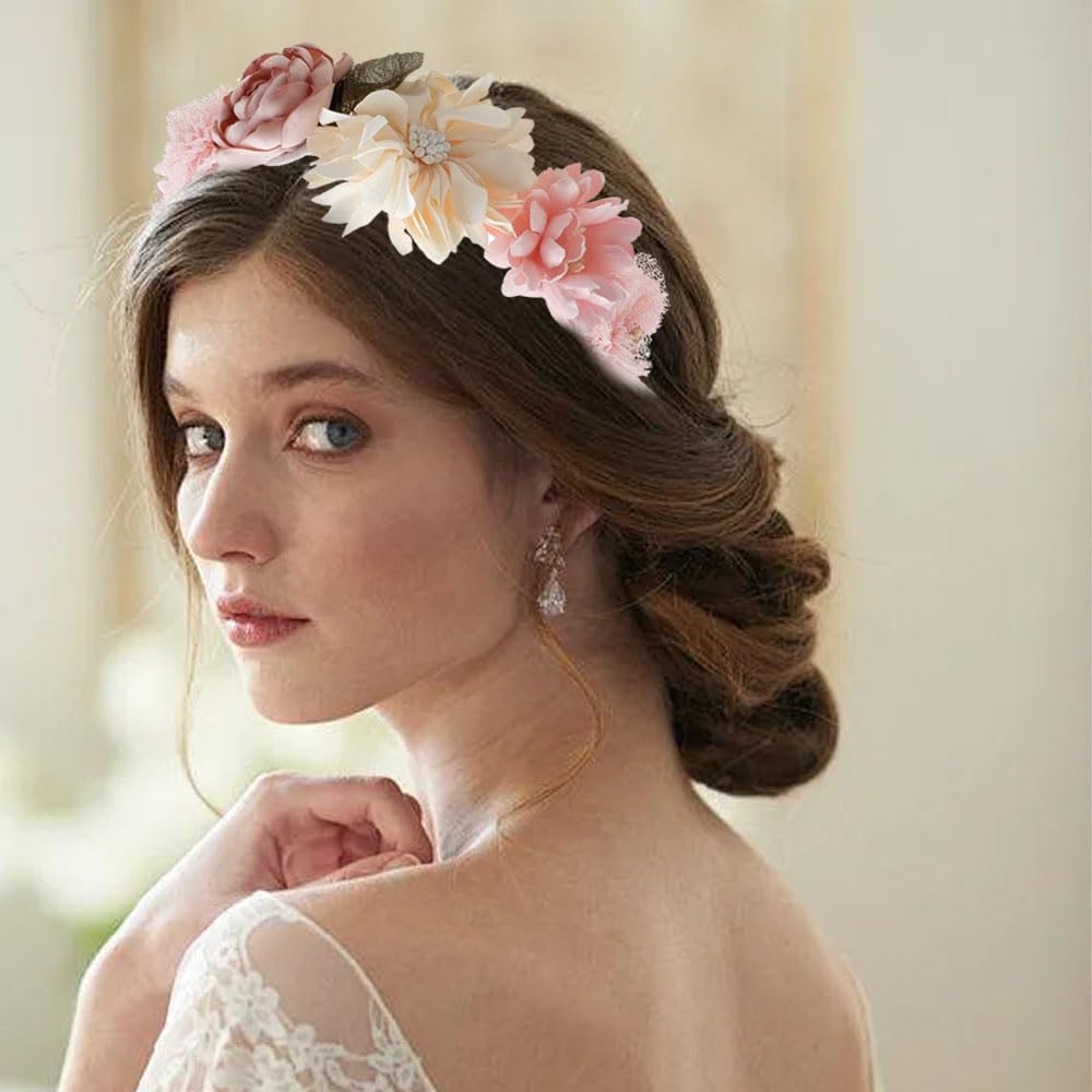 Floral Headband, Pink and Ivory Mesh Flower Hair Accessory, Handcrafted Butterfly Design for Women, Special Occasions, Wedding, Party, Daily Wear - Image 3