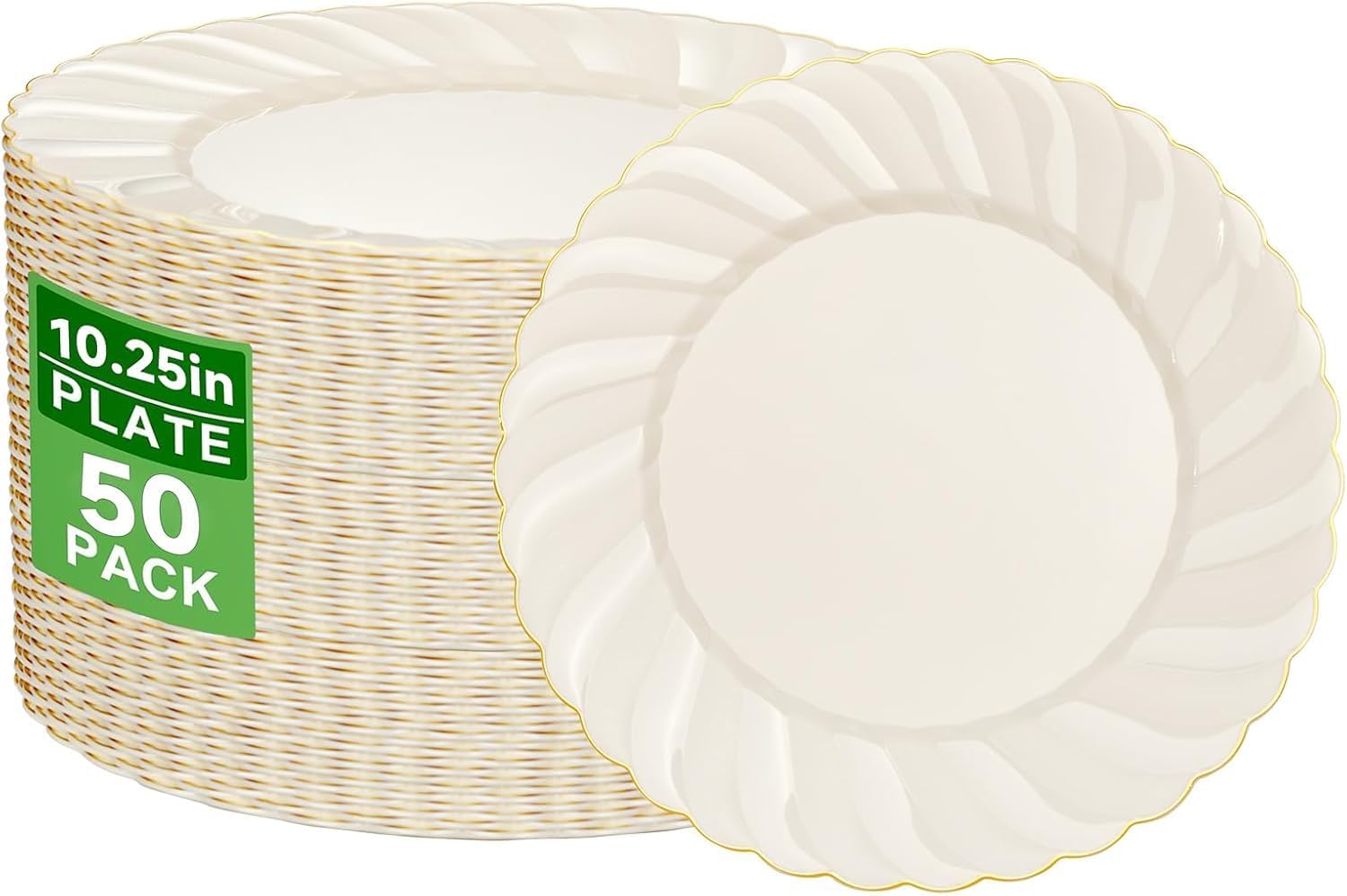 YOUBET 50 Pack Ivory Scalloped Plastic Plates 10.25 Inch Ivory Disposable Plates with Gold Rim - High End Elegant Vintage Dinner Plate for Birthday Parties & Wedding