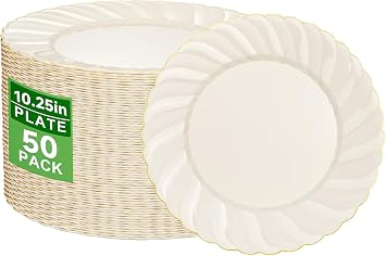YOUBET 50Pack Ivory Scalloped Plastic Plates for Birthday Parties Wedding