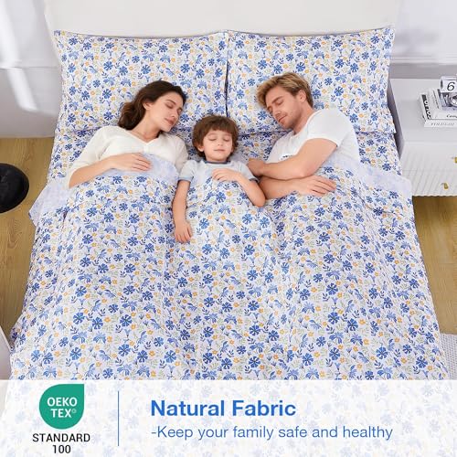 Image of Softan Vintage Blue Floral Twin Bed Sheets, Cozy Microfiber Flower Printed Sheets with 15 inch Deep Pocket Fitted Sheet & Non-Slip Straps, Patterned Floral in Blue & Amber Sheets & Pillowcase Set
