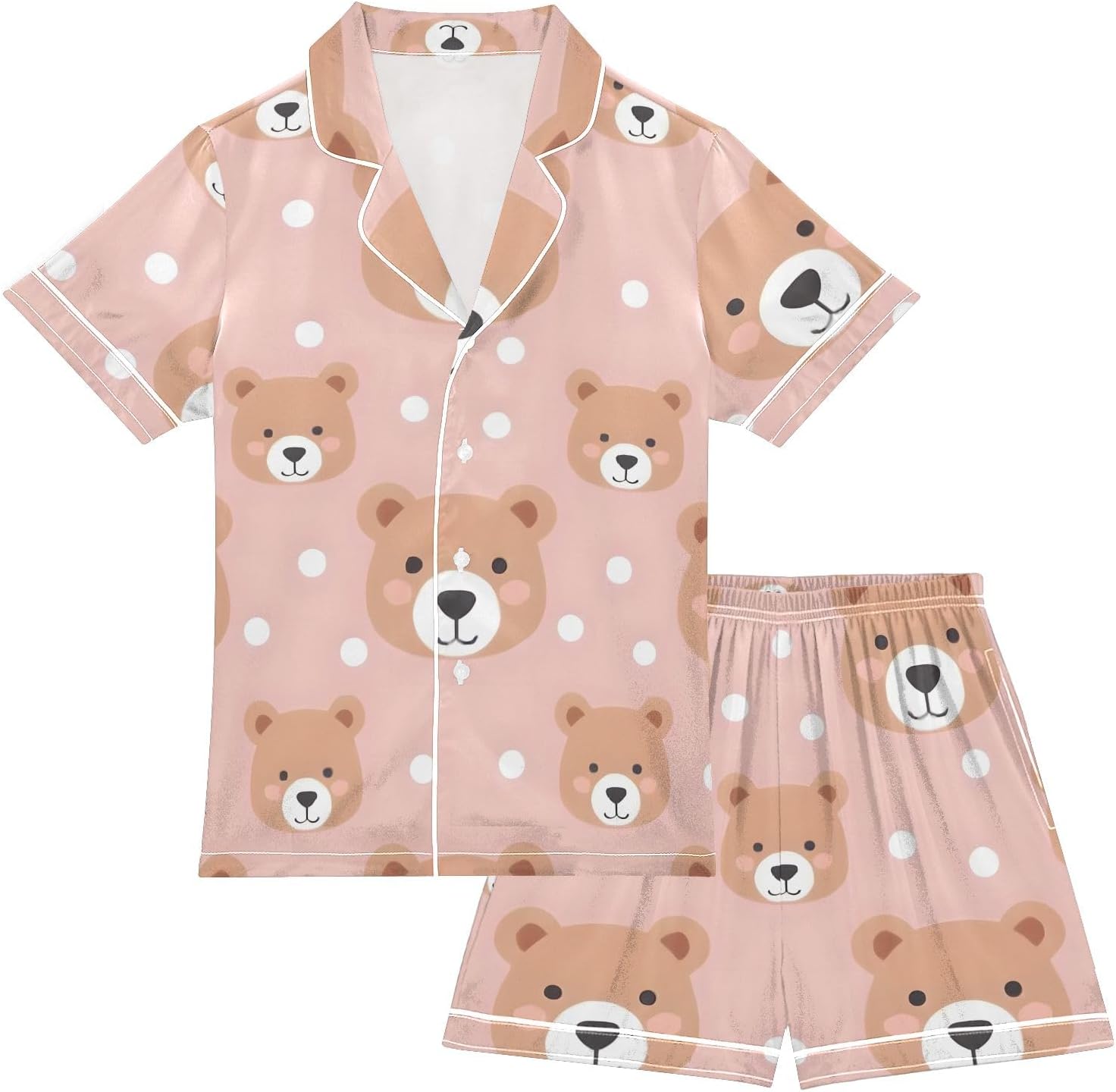 Kids Casual Satin Wear Set Bear on Pink Background with Dots Unisex Short Sleeve Clothing for Relaxing