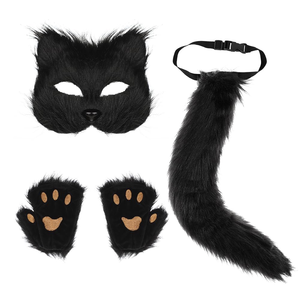 haozaikeji Animal Costume Furry Cat Mask and Tail Paw Gloves Set Faux Fur Plush Wolf Set Includes Mask Long Tail and Gloves Paws for Halloween Costume Fancy Dress Party Cosplay Accessory - Image 2