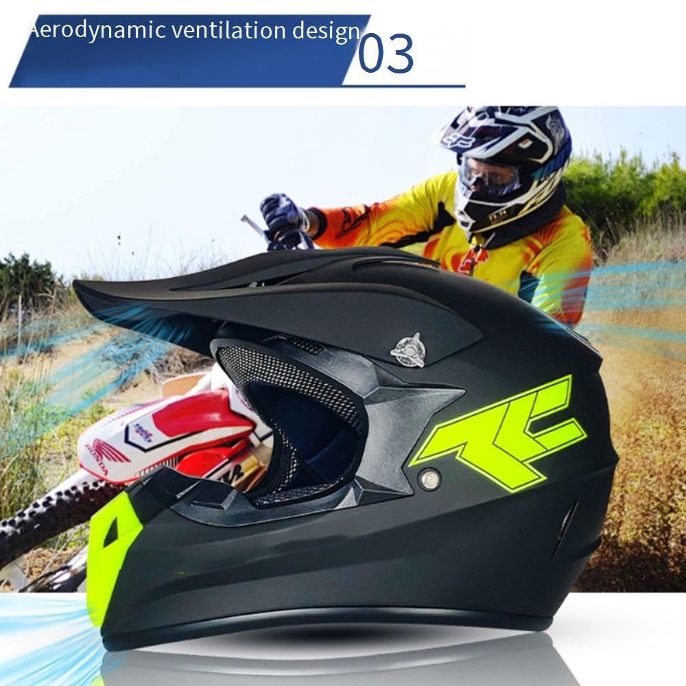Jeunesse Enfant Hors Route Moto Casque, avec Gants Lunettes Masque, MTB VTT BMX Une Descente Quad Moto Cross Accident Casque Unisexe, Approuvé par Le Dot