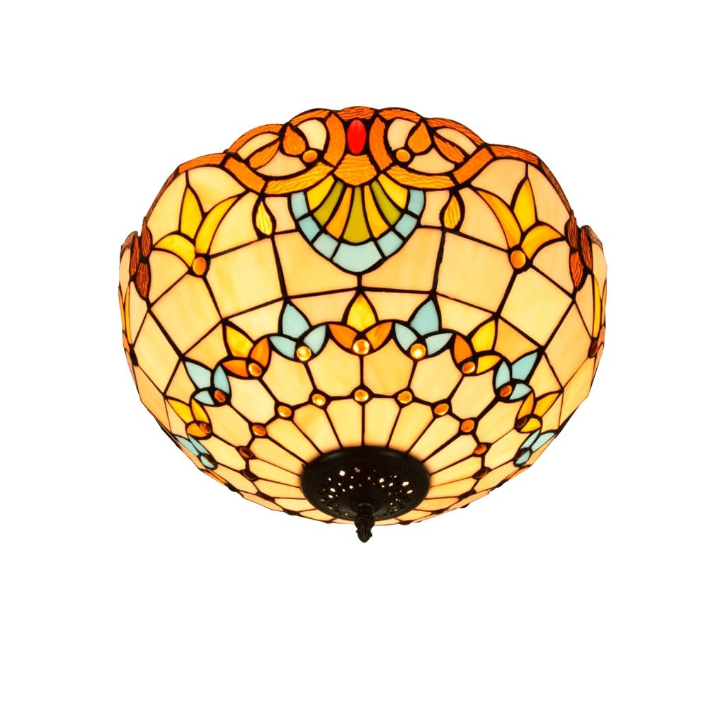 HJRegaFimu 16 Inches Flush Mount Ceiling Light Stained Glass Uplighter Lamp Yellow Baroque Vintage Style Deco Large Chandelier For Living Dining Room Bedroom Corridor