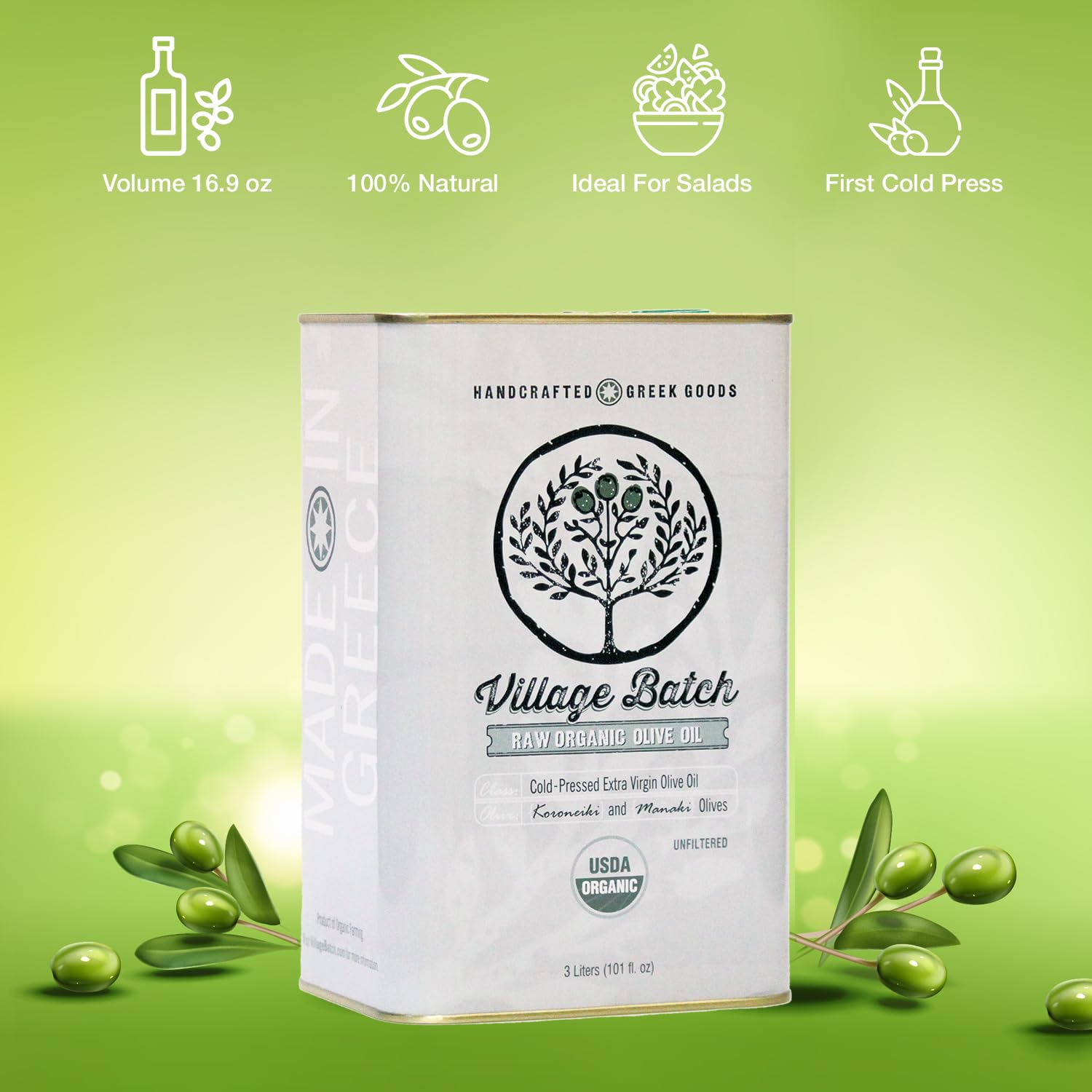 Village Batch Raw Organic Extra Virgin Olive Oil 3L Tin (Pack of 1) Cold Pressed and Unfiltered EVOO, Authentic Greek Olive Oil, Rich Flavor for Cooking, Drizzling, Salad Dressing and Dipping