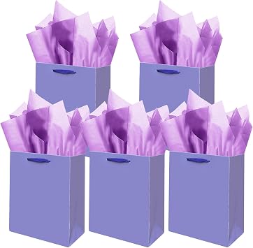 Gcardist Violet Gift Bags with Tissue Paper for Wedding, Birthday, Party Supplies-7.9"x4.3"x9.6" Medium Size Cardboard Gift Bags5pcs Bags + Tissue Paper