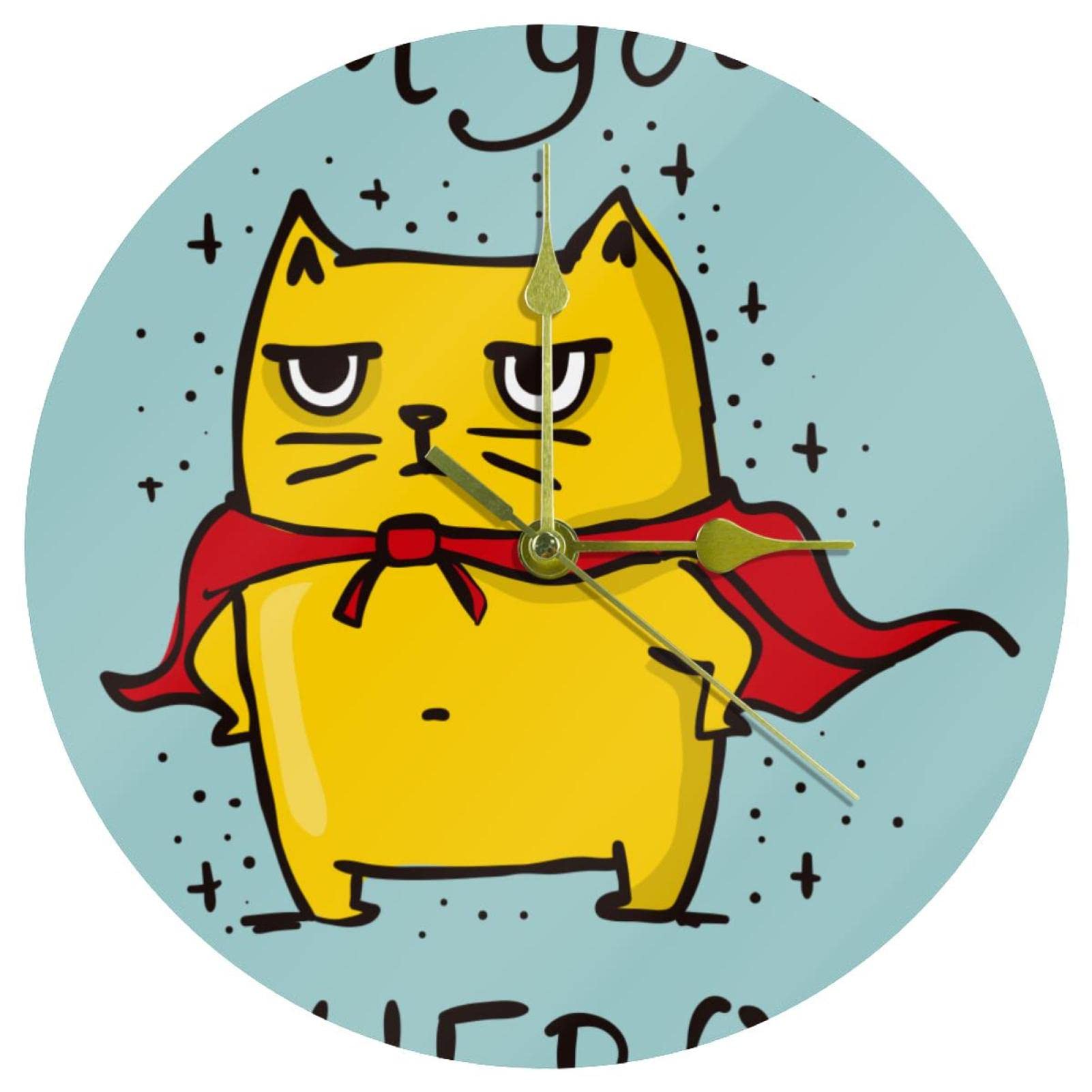 Horloge murale chat jaune sans tic-tac en acrylique ronde 24 cm pour retrouver le sommeil