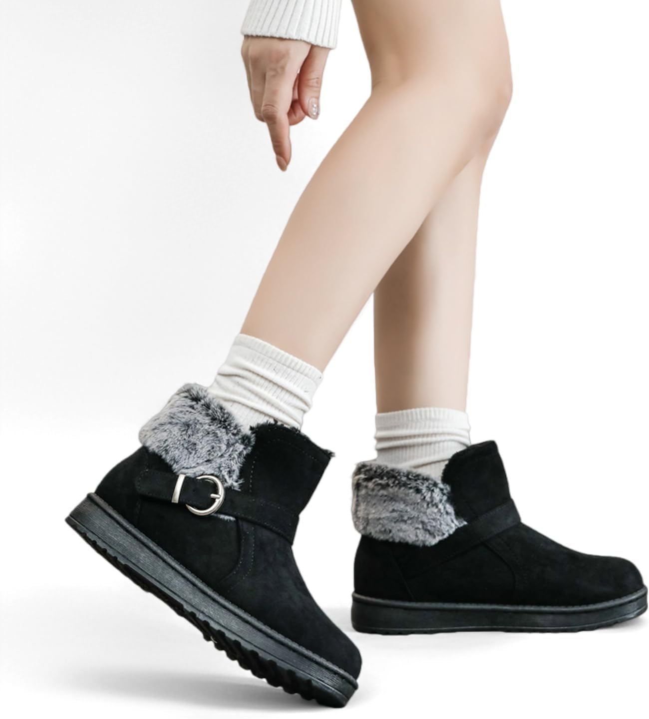 WALK AGAIN Women's Wedge Bootie with Memory Foam, Mid-Calf Water-Resistant Winter Boots Cozy Faux Fur Lining