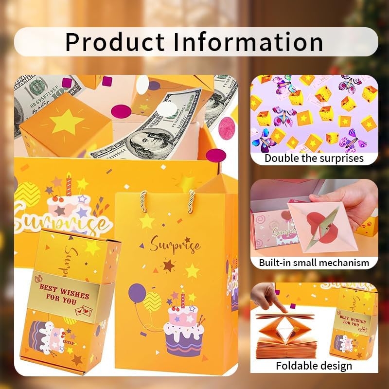 Surprise Gift Box Explosion for Money Unique Folding Bouncing Cash Explosion Luxury for Birthday Christmas Valentine Proposal (10 Bounces),Yellow image 5