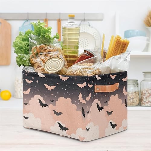 Miniatura 8 de OMFUNS Bonita cesta de almacenamiento de murciélagos, plegable con asa de tela, caja de almacenamiento rectangular para armario, estantería, hogar,