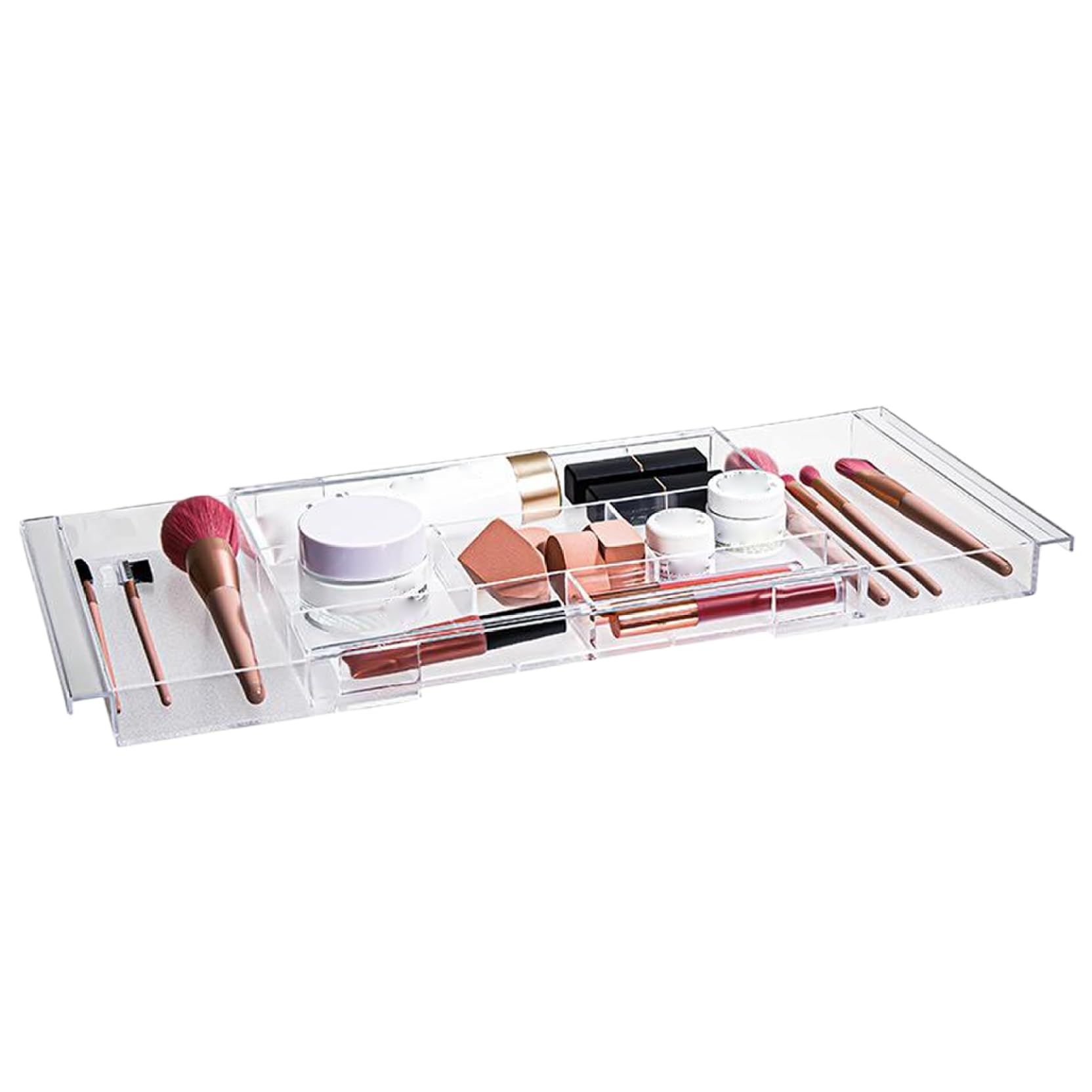 Clear Expandable Desk Drawer Organizer with 8 Compartments and Pull Handle, Non Slip Storage Tray for Makeup, Silverware, Office Supplies and Stationery Organization