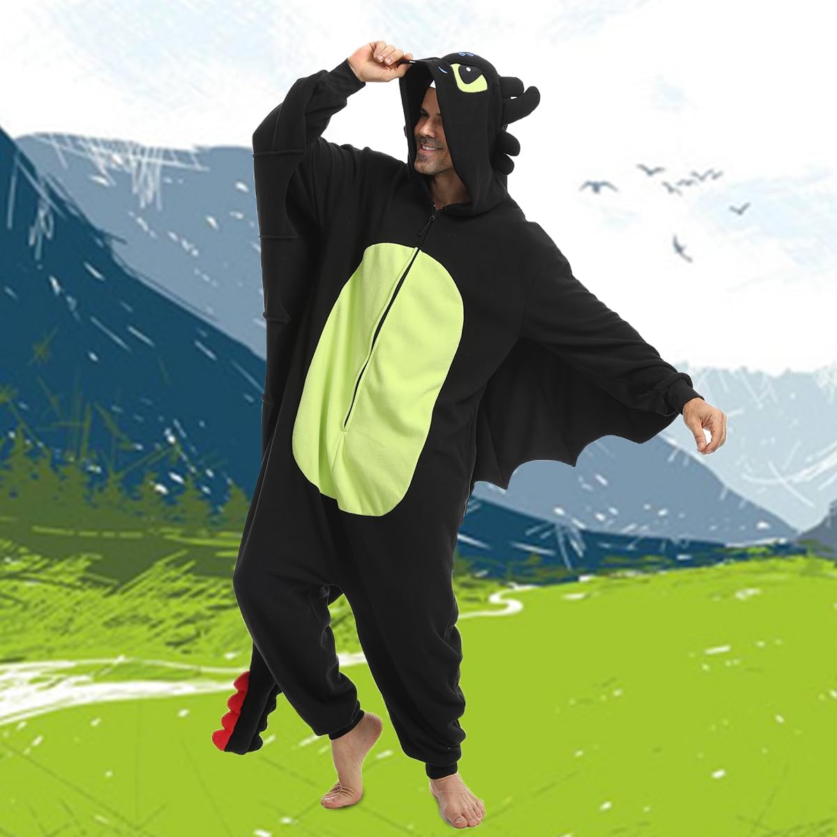 Laahoem Animal Black Dragon Pajamas Zipper Unisex Adult Hooded Men Women Jumpsuit Costume Cosplay Sleepwear - Image 2